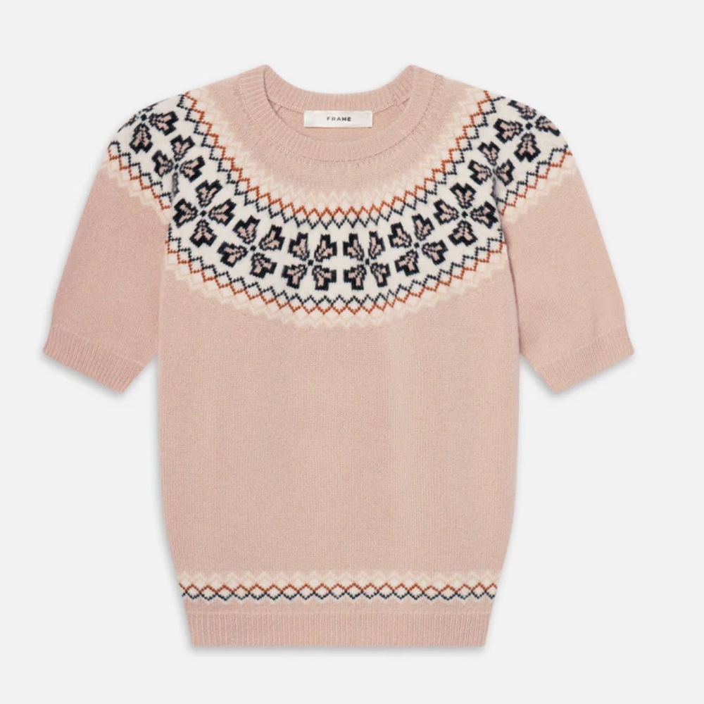 NEW FRAME Short Sleeve 100% Cashmere Fair Island Sweater.  Blushed pink.  Size L